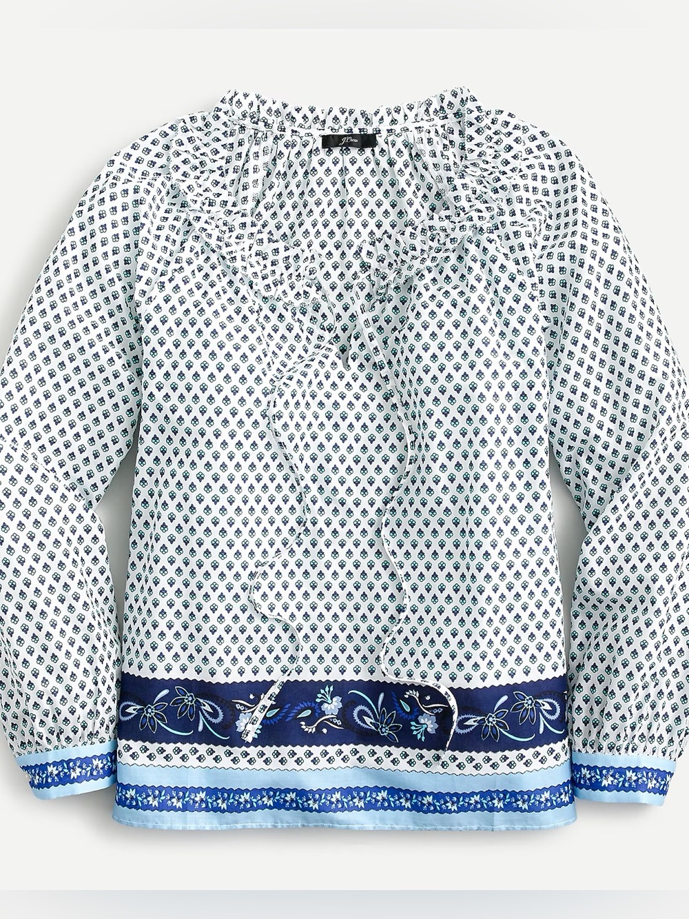 J.Crew L Blue Ribbon Block Print Ruffle Tie Neck Cotton Peasant Boho Blouse